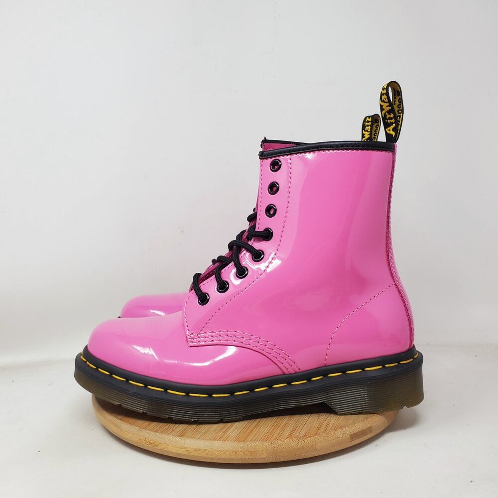 Dr Martens 1460 Boots Womens 6‎ Pink Patent Leather 8 Eye Lace Up Punk Rave Docs